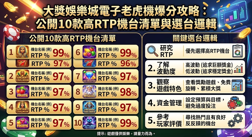 大獎娛樂城電子老虎機爆分攻略：公開10款高RTP機台清單與選台邏輯