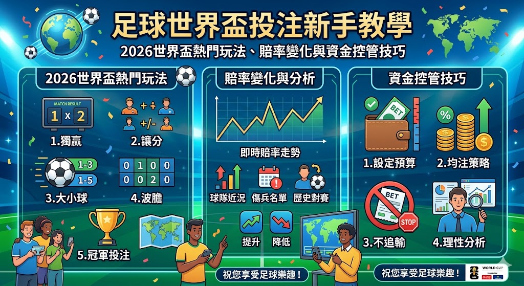 足球世界盃投注新手教學隆重登場！本文為您帶來最易懂的2026世界盃熱門玩法、賠率變化與資金控管技巧。小編深度拆解讓球盤、大小球與獨贏等經典盤口的莊家開盤邏輯，教您如何看懂即時賠率起伏，精準抓出升降盤背後的熱度誘水陷阱。透過系統化的美加墨世界盃擴軍數據分析、球隊戰意與歷史對戰紀錄，傳授高勝率的實戰下注心法，並特別強調科學的長線資金分配。幫助新手玩家在數位博弈時代徹底識破黑網娛樂城的虛假報牌殺豬盤，建立理性穩健的足球運彩思維。